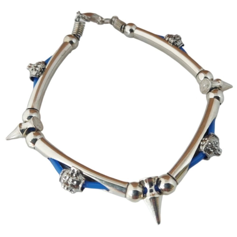 B447 Silvertone Unisex Industrial Spiked Bracelet w/Blue Cording